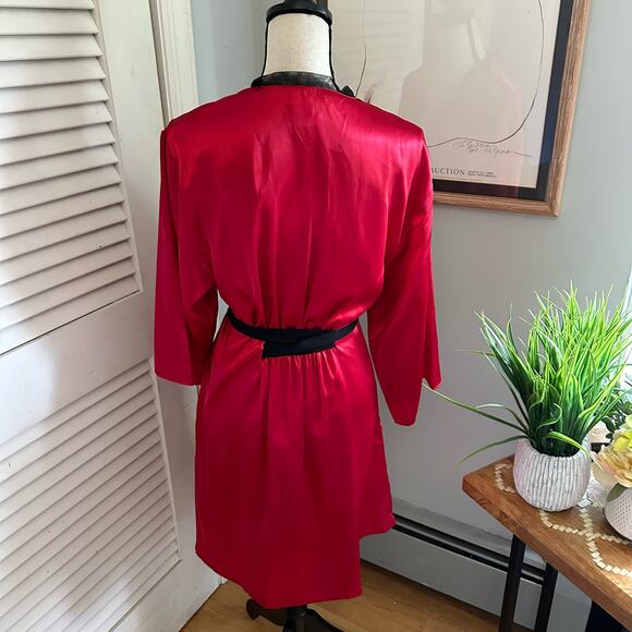 OSCAR DE LA RENTA Womens Robe Large Red Satin 3/4 Sleeve Belted Pockets Lounge - Picture 7 of 13